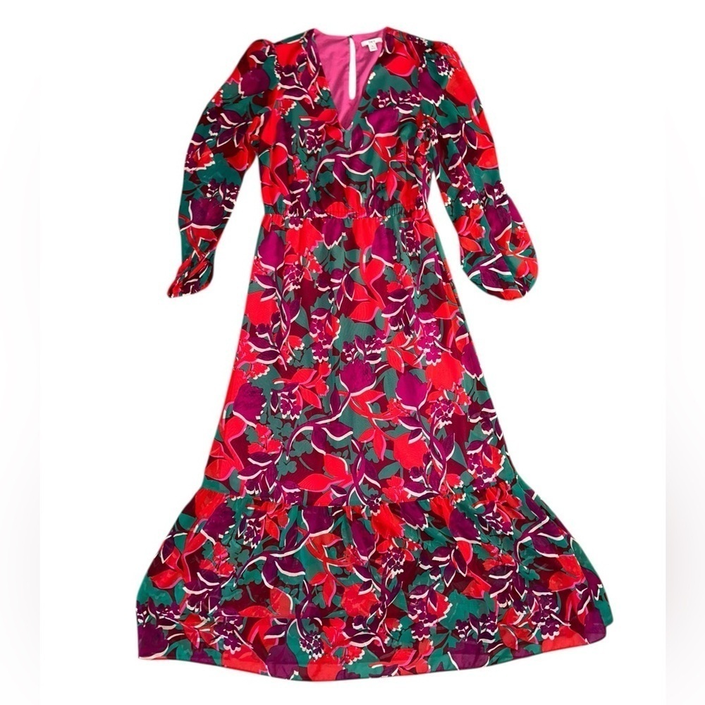 Bar III Red Green Floral Maxi Dress Size Medium Tiered Cottagecore Colorful